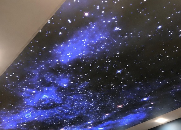 Completed QuickHands ceiling project: a modern illuminated starry-sky ceiling with recessed perimeter lighting